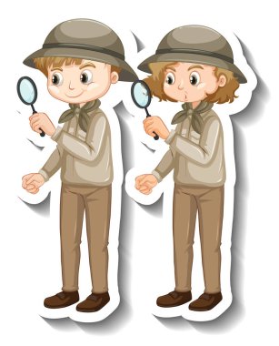 Birkaç çocuk safari kıyafeti giyiyor. Çizgi film karakteri çıkartması çizimleri.