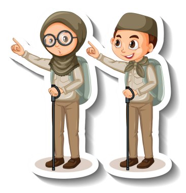 Birkaç Müslüman çocuk safari kıyafeti giyiyor. Karakter çıkartması çizimleri.