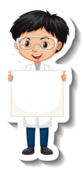 卡通人物贴纸 一个身着科学长袍的男孩拿着空横幅插图 — 图库矢量图片