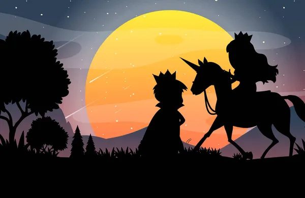 Halloween Nacht Hintergrund Mit Prinz Und Prinzessin Silhouette Illustration — Stockvektor