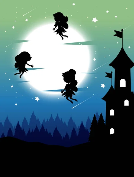 Fées Silhouette Avec Illustration Fond Pleine Lune — Image vectorielle