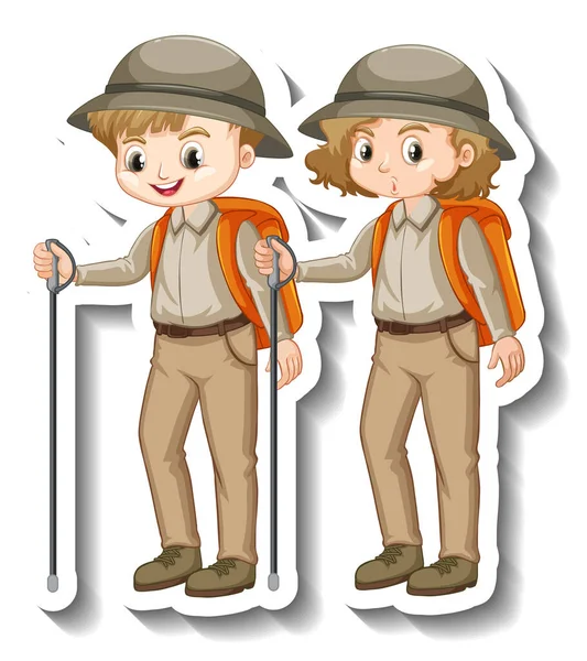 Coppia Bambini Indossare Safari Vestito Cartone Animato Personaggio Adesivo Illustrazione — Vettoriale Stock