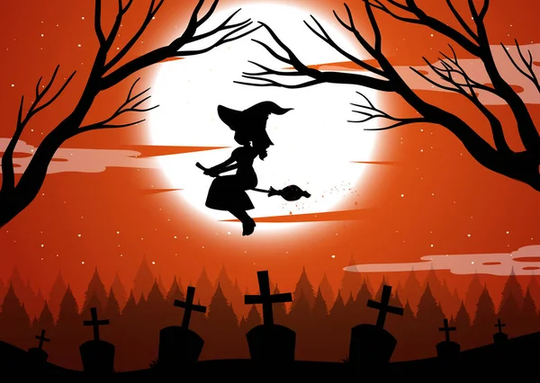 Halloween Nacht Hintergrund Mit Hexe Silhouette Illustration — Stockvektor