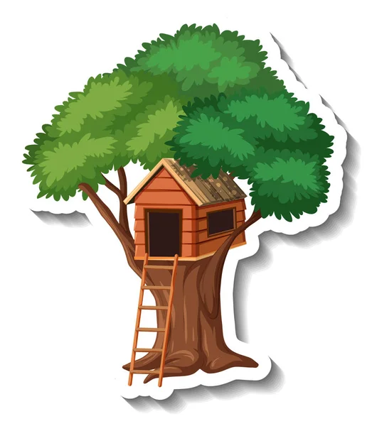 有梯子的孤零零的树屋 在玩耍的树群图解旁 — 图库矢量图片