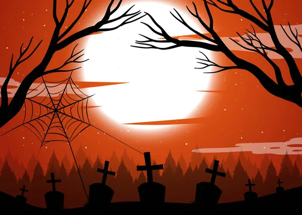 Spooky Sfondo Foresta Con Luna Piena Illustrazione — Vettoriale Stock