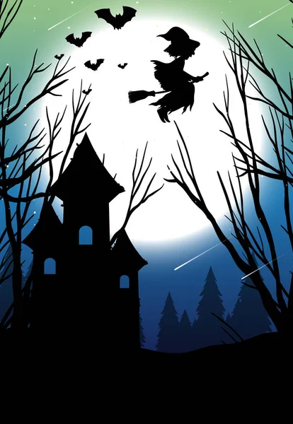 Fondo Noche Halloween Con Silueta Bruja Ilustración — Archivo Imágenes Vectoriales