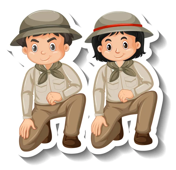 Couple Kids Wear Safari Outfit Cartoon Character Sticker Illustration — Stock Vector