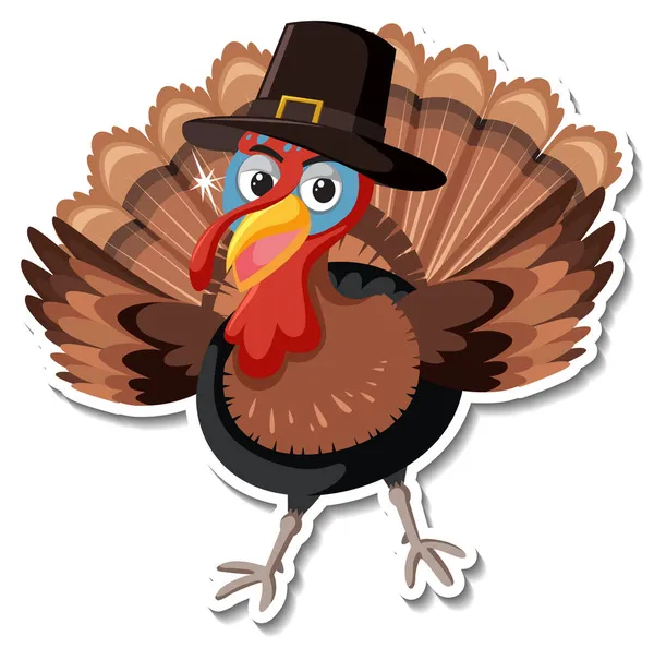 Turkey Animal Wearing Hat Cartoon Character Sticker Illustration — Stock Vector
