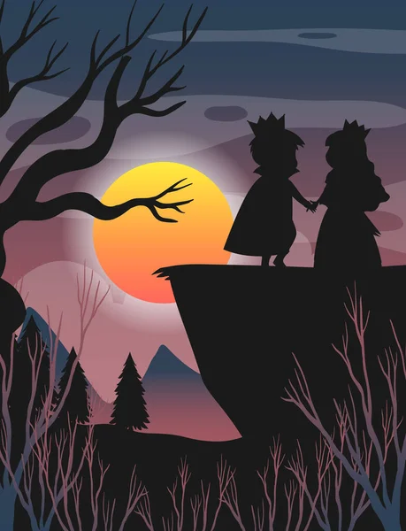 Halloween Nacht Hintergrund Mit Prinz Und Prinzessin Silhouette Illustration — Stockvektor