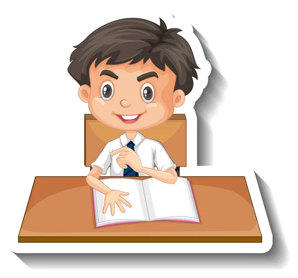 Niño Estudiante Con Ilustración Dibujos Animados Mesa Escolar — Vector de stock