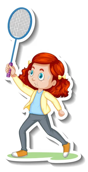 Tekenfilm Karakter Sticker Met Een Meisje Spelen Badminton Illustratie — Stockvector