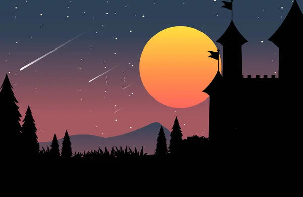 Pleine Lune Nuit Avec Illustration Scène Silhouette — Image vectorielle