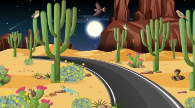 Çöl ormanı manzarası boyunca çöl hayvanlarının resimleriyle dolu bir yol.