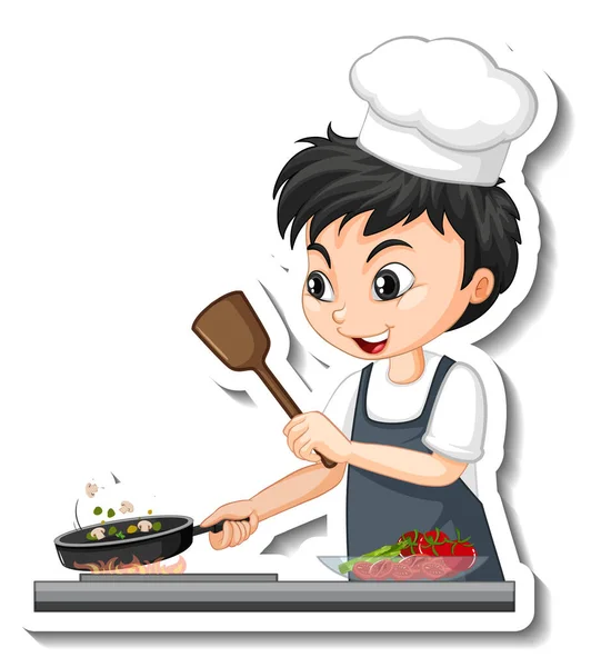 Design Etiqueta Com Chef Menino Cozinhar Comida Desenho Animado Personagem — Vetor de Stock