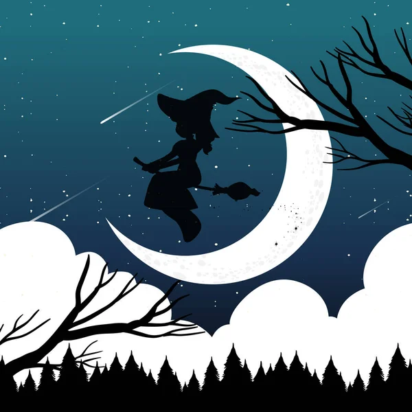 Halloween Nacht Hintergrund Mit Hexe Silhouette Illustration — Stockvektor