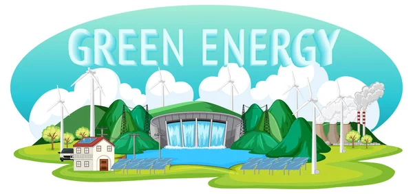 Las Centrales Hidroeléctricas Generan Electricidad Con Ilustración Pancarta Verde — Archivo Imágenes Vectoriales