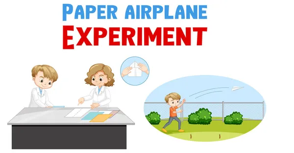 Papper Flygplan Experiment Med Vetenskapsman Barn Illustration — Stock vektor