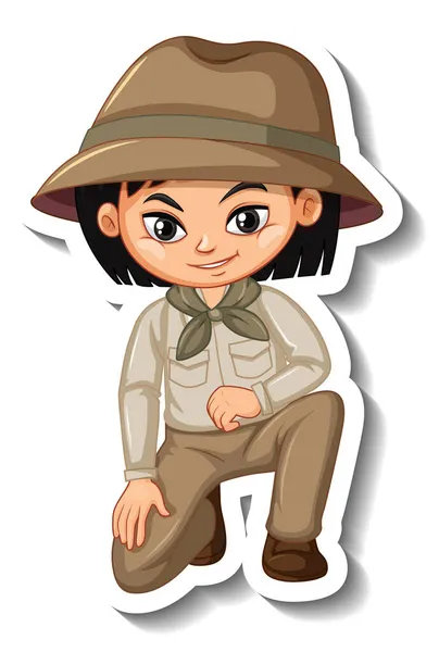 Mädchen Safari Outfit Cartoon Figur Aufkleber Illustration — Stockvektor