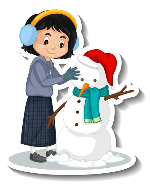 Girl Building Snowman Cartoon Sticker Illustration — Stock Vector