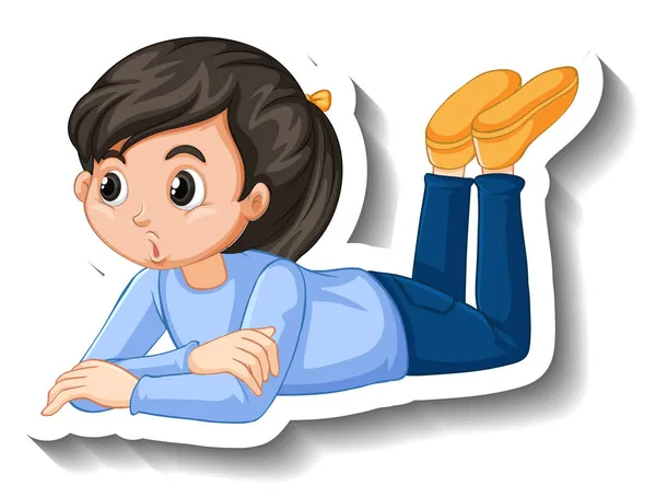 Girl Lying Ground Cartoon Sticker Illustration — Stock Vector