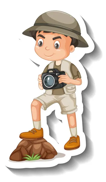 Menino Desgaste Safari Roupa Desenho Animado Personagem Adesivo Ilustração — Vetor de Stock