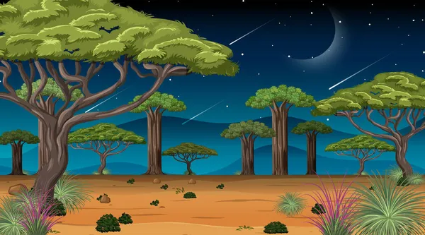 Africano Savana Floresta Paisagem Cena Noite Ilustração — Vetor de Stock