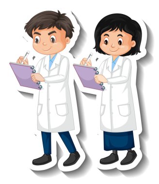 Bilim adamı çift çocuk çizgi film karakteri çizimi