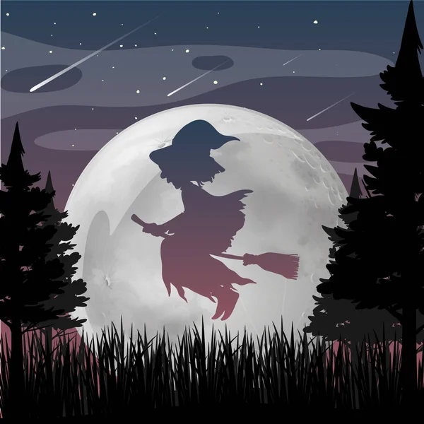Halloween Night Background Witch Silhouette Illustration — Stock Vector