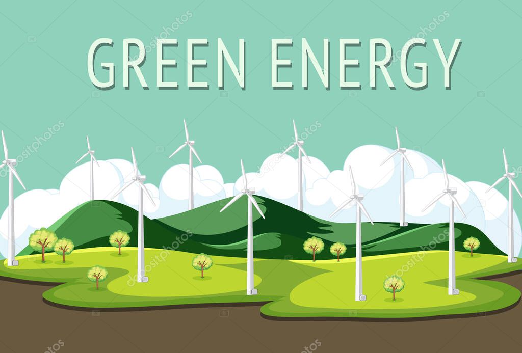 Green energy generated by wind turbine illustration