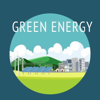 Rüzgar türbini ve güneş paneli illüstrasyonundan üretilen yeşil enerji