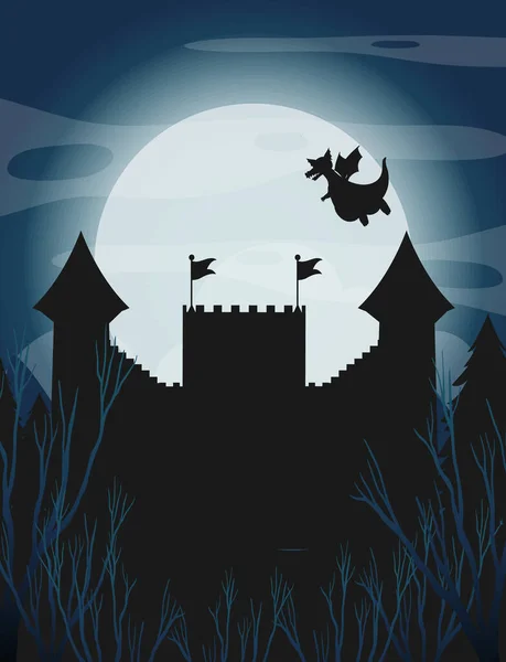 Silhouette Burg Mit Vollmond Hintergrund Illustration — Stockvektor