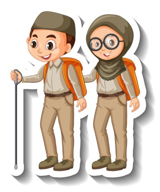 Birkaç Müslüman çocuk safari kıyafeti giyiyor. Karakter çıkartması çizimleri.
