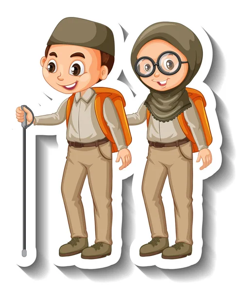 Birkaç Müslüman çocuk safari kıyafeti giyiyor. Karakter çıkartması çizimleri.