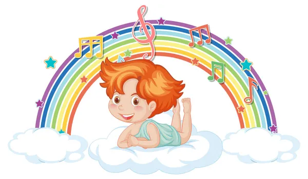 天上的丘比特男孩 彩虹图上有旋律符号 — 图库矢量图片