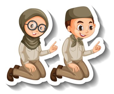 Birkaç Müslüman çocuk safari kıyafeti giyiyor. Karakter çıkartması çizimleri.