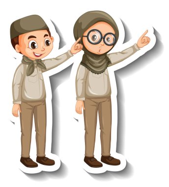 Birkaç Müslüman çocuk safari kıyafeti giyiyor. Karakter çıkartması çizimleri.