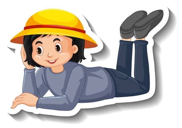 Girl Lying Ground Cartoon Sticker Illustration — Stock Vector