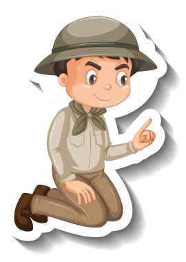 Çocuk safari kıyafeti giyiyor. Çizgi film karakteri çıkartması.