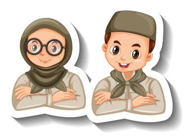 Birkaç Müslüman çocuk safari kıyafeti giyiyor. Karakter çıkartması çizimleri.
