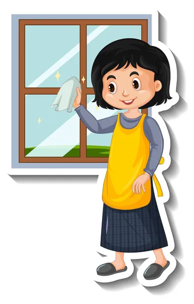 Hausmädchen Putzt Fensterhaus Auf Weißem Hintergrund Illustration — Stockvektor