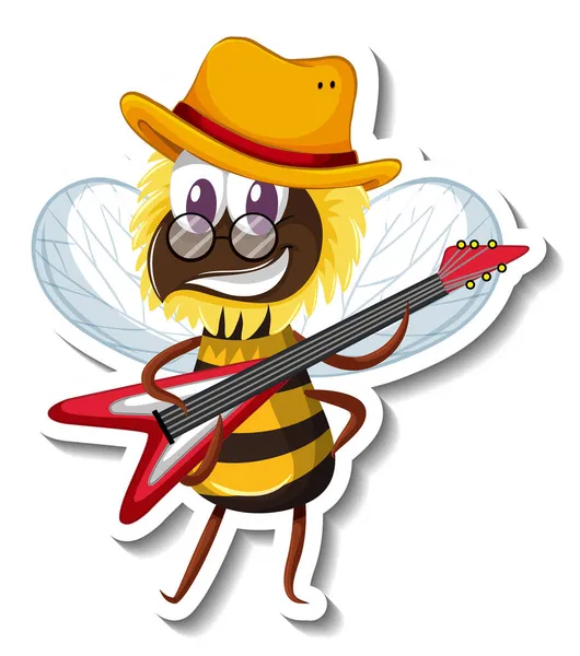 Funny Bee Playing Guitar Cartoon Sticker Illustration — Stock Vector