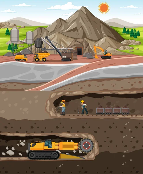 煤矿行业景观与地下图解 — 图库矢量图片