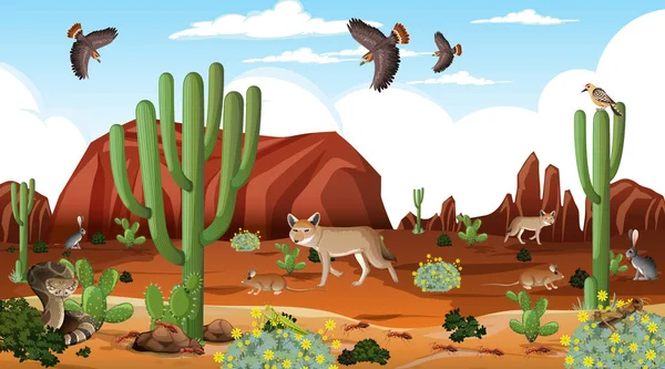 Paisaje Del Bosque Del Desierto Escena Diurna Con Ilustración Animales — Archivo Imágenes Vectoriales