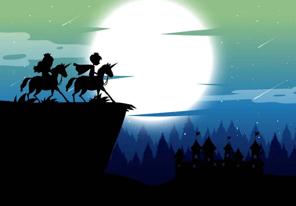 Silhouette Prinz Und Prinzessin Mit Vollmond Hintergrund Illustration — Stockvektor