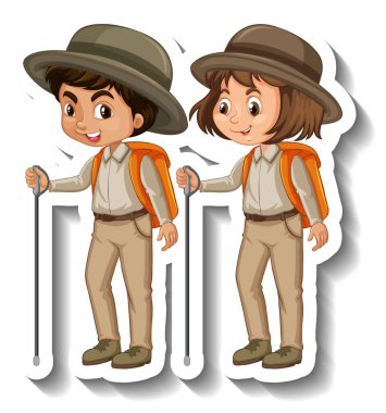 Birkaç çocuk safari kıyafeti giyiyor. Çizgi film karakteri çıkartması çizimleri.
