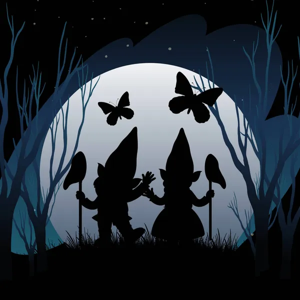 Silhouette Gnomes Full Moon Background Illustration — Stock Vector