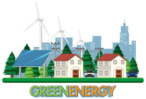 Energía Verde Generada Por Turbina Eólica Ilustración Paneles Solares — Vector de stock