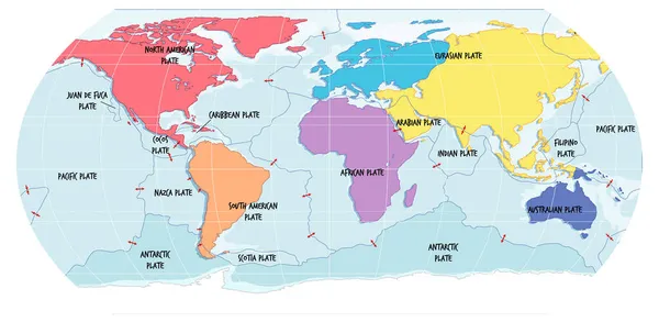 Mappa Del Mondo Che Mostra Placche Tettoniche Illustrazione Dei Confini — Vettoriale Stock