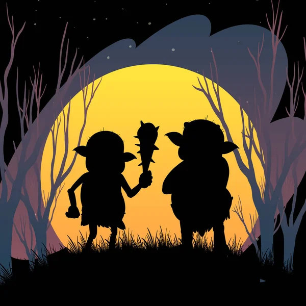 Halloween Nacht Achtergrond Met Trollen Silhouet Illustratie — Stockvector