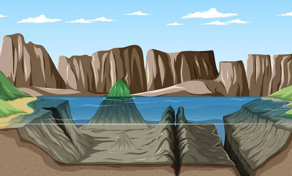 Paisaje Escena Natural Con Ilustración Bajo Agua Del Lago — Vector de stock